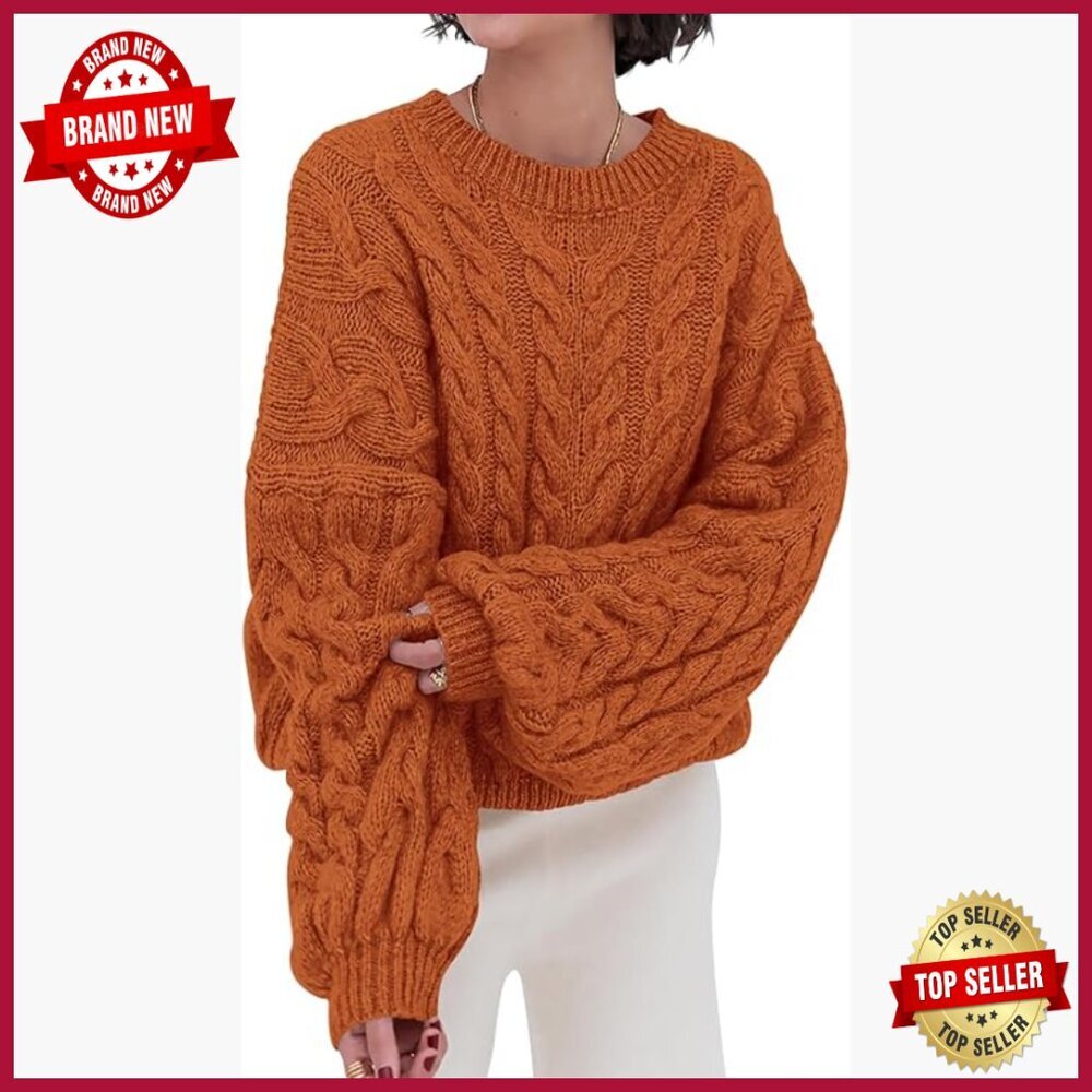 Oversized Cable Knit Pullover Sweater Chunky Knit Long Sleeve Crewneck